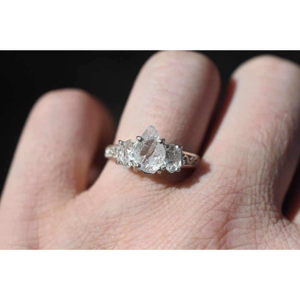 Three Stone Raw Diamond Engagement Ring, Unique Wedding Band Solid Sterling Silv